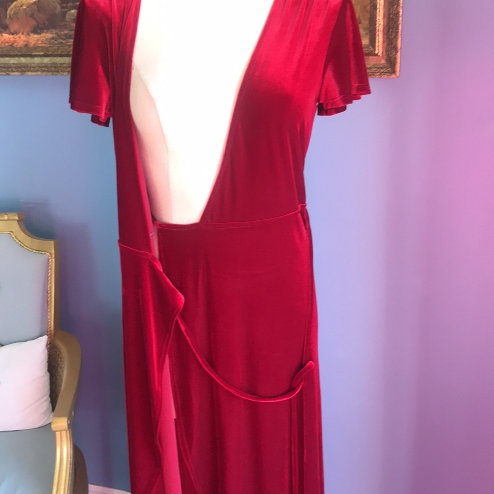 BHLDN red velvet short sleeves asymmetric wrap dress witchy goth fairy holidays - Picture 8 of 15